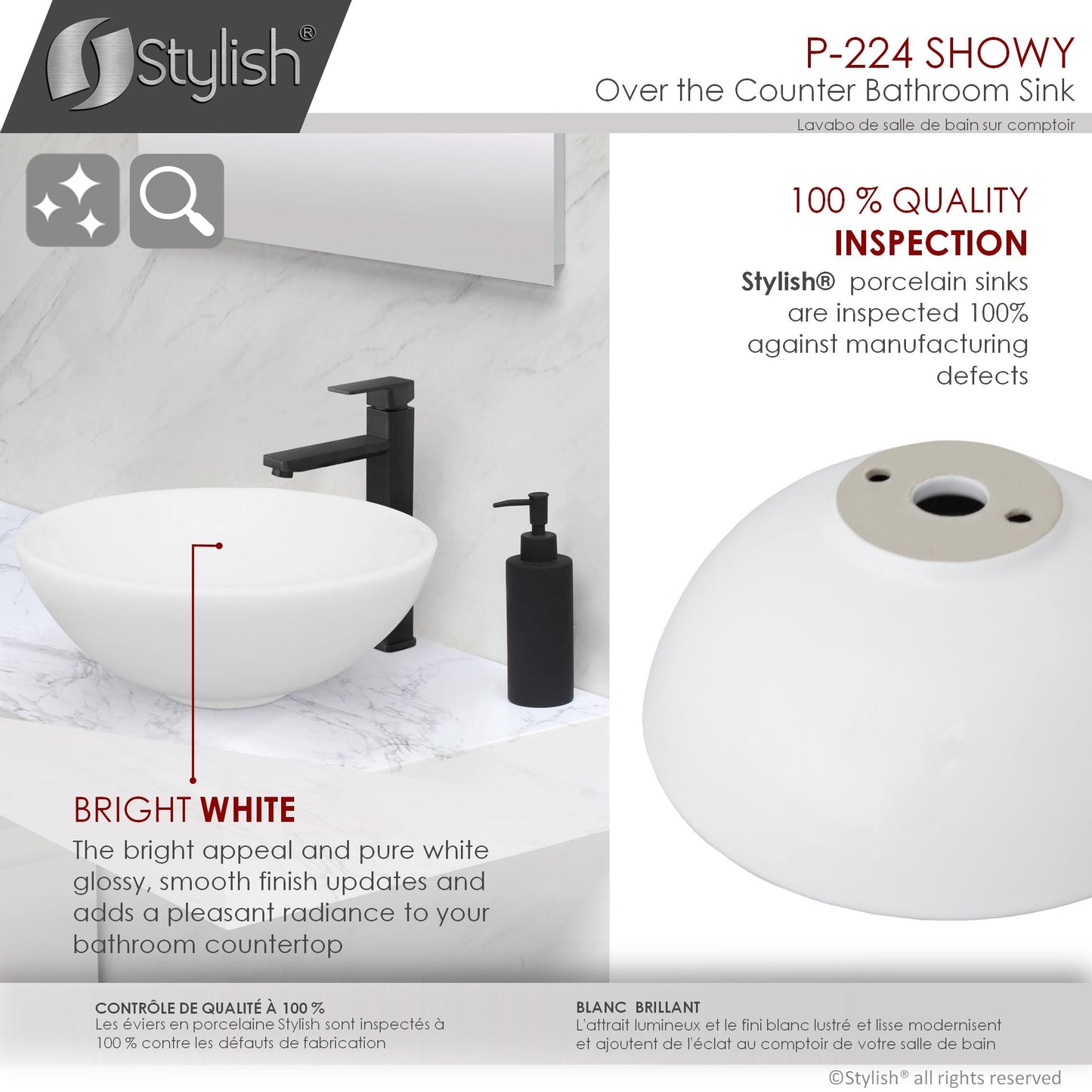 Stylish Showy 16" x 16" White Round Ceramic Vessel Bathroom Sink P-224