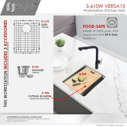 Stylish Versa15 15" x 19" Workstation Single Bowl Undermount 16 Gauge Stainless Steel Kitchen Sink with Built in Accessories S-610W