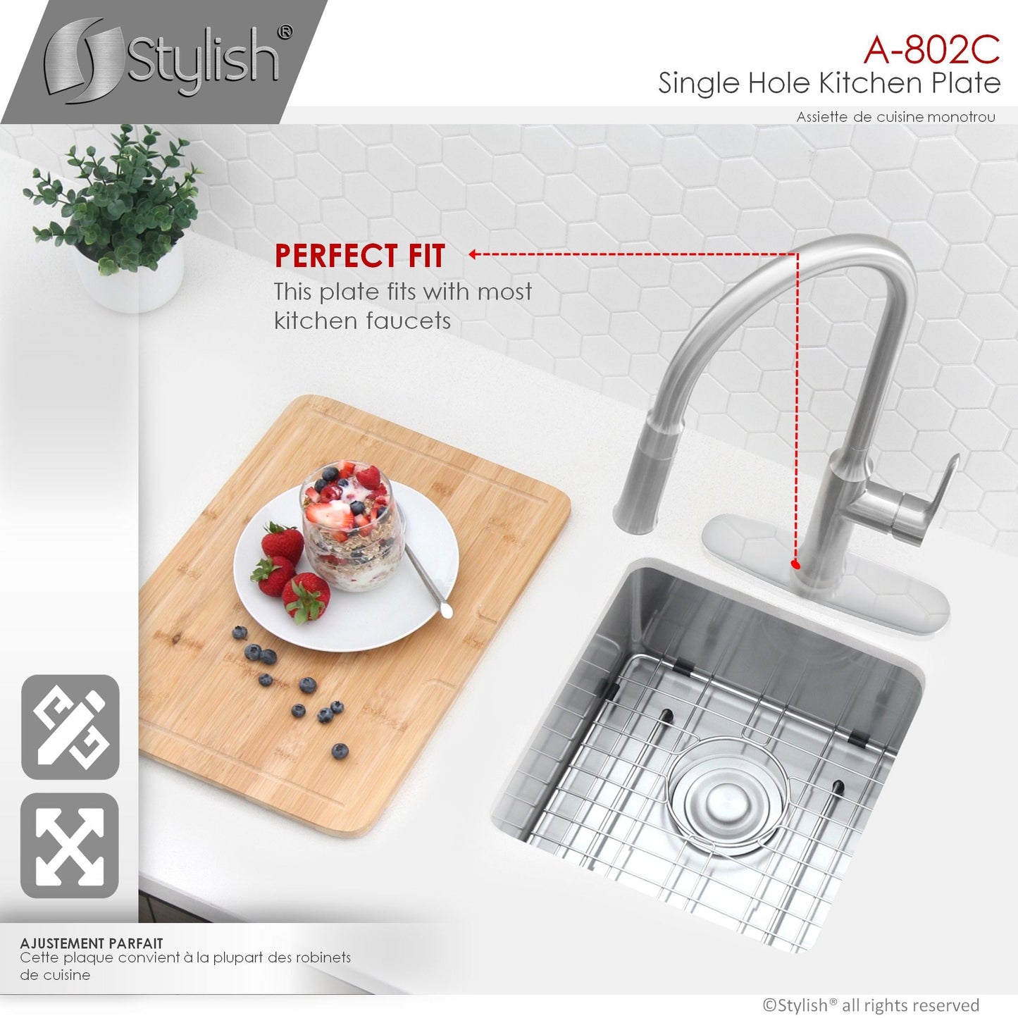 Stylish Kitchen Faucet Plate in Stainless Steel in Polished Chrome Finish A-802C