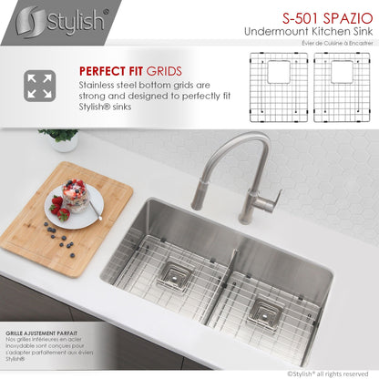 Stylish Spazio 33" x 18" Slim Low Divider Double Bowl Undermount Stainless Steel Kitchen Sink S-501XG