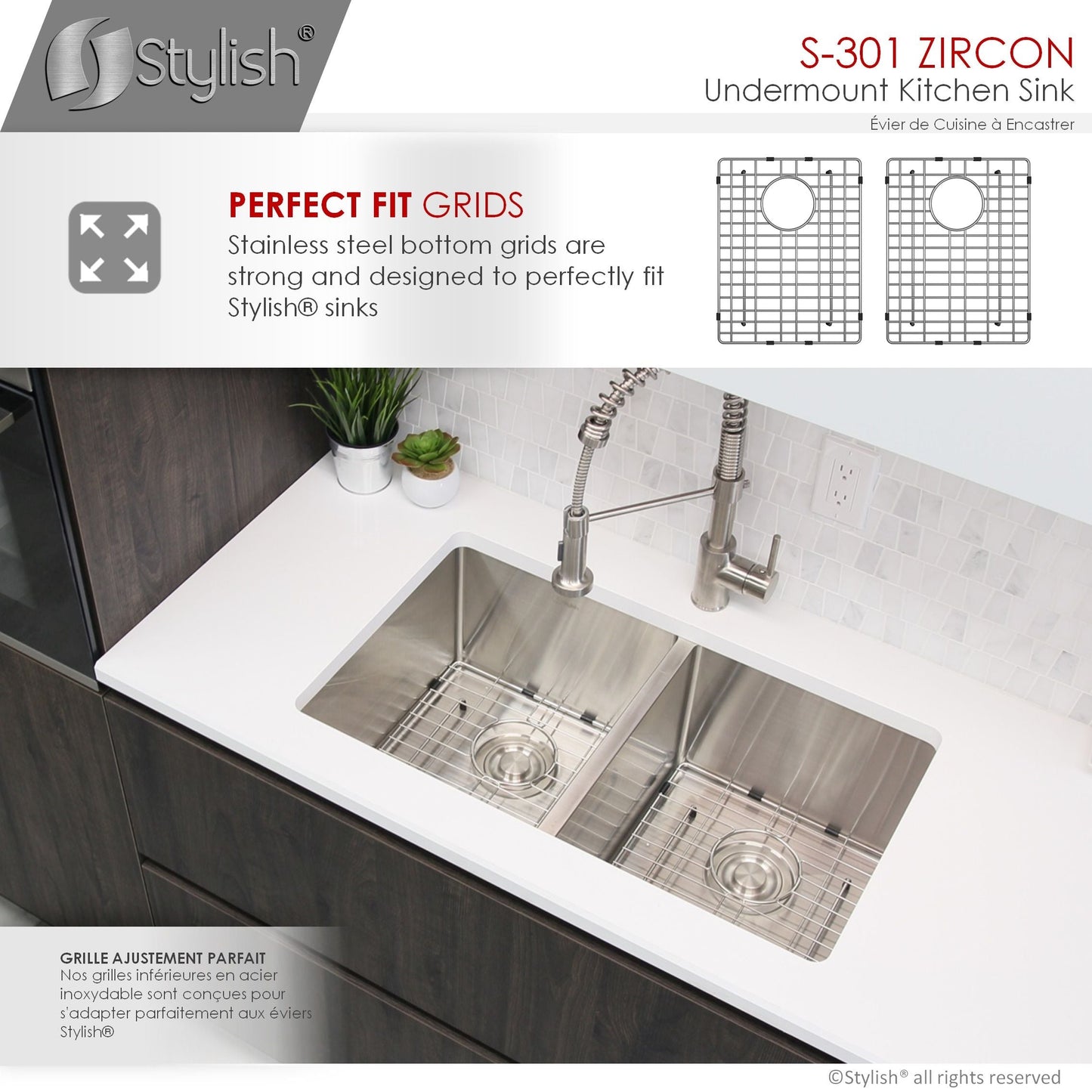 Stylish Zircon 32" x 18" Double Bowl Undermount Stainless Steel Kitchen Sink S-301XG