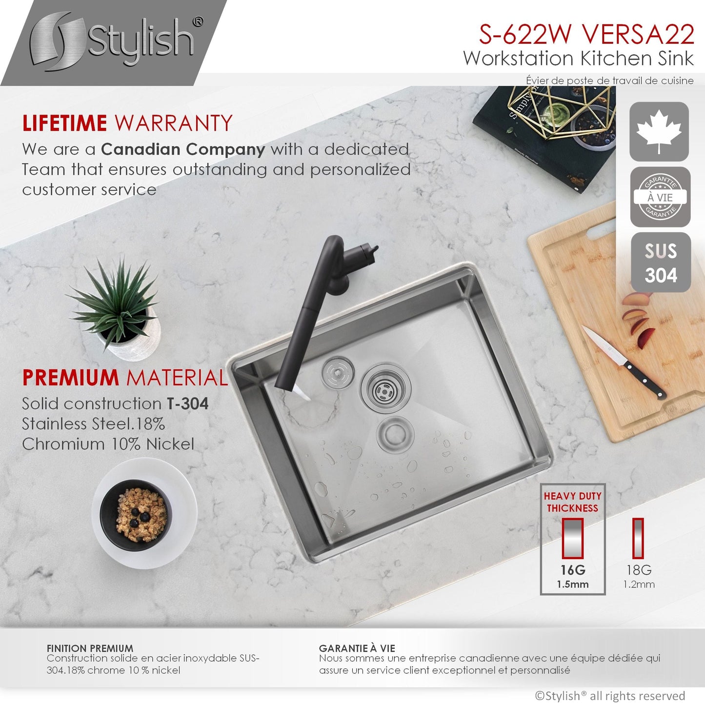 Stylish Versa22 22" x 19" Workstation Single Bowl Undermount 16 Gauge Stainless Steel Kitchen Sink with Built in Accessories S-622W