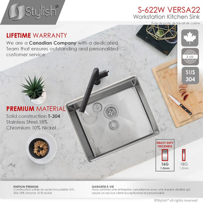 Stylish Versa22 22" x 19" Workstation Single Bowl Undermount 16 Gauge Stainless Steel Kitchen Sink with Built in Accessories S-622W