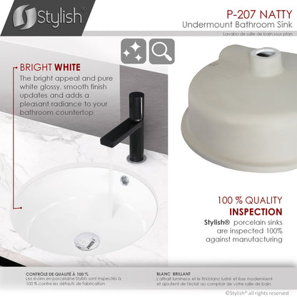 Stylish Natty 16" x 16" Round Undermount Ceramic Bathroom Sink with 2 Overflow Finishes P-207
