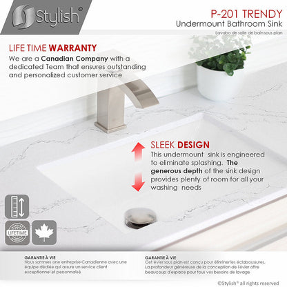 Stylish Trendy 18" Rectangular Undermount Bathroom Sink with Overflow Polished Chrome P-201X (Only Available With Purchase of 50+)
