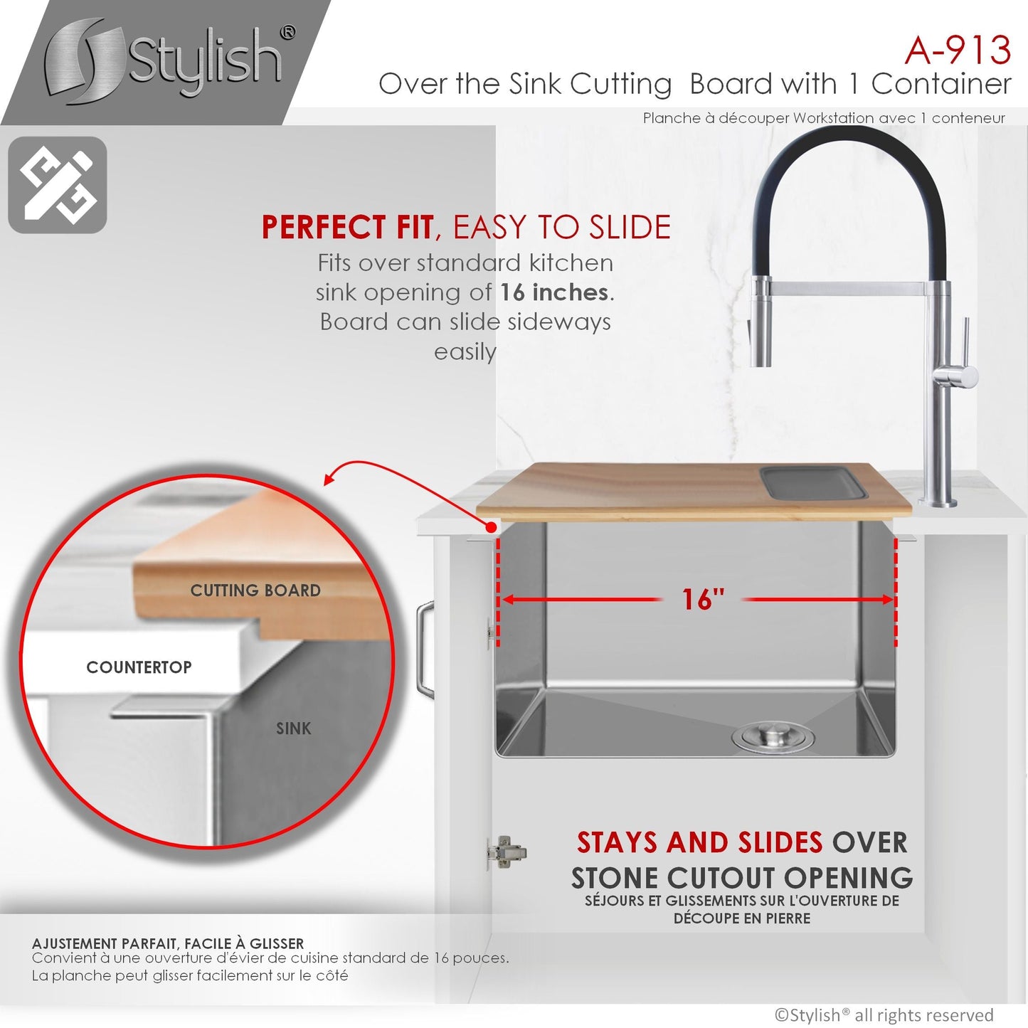 Stylish 18" Over The Sink Serving Board With 1 Container A-913