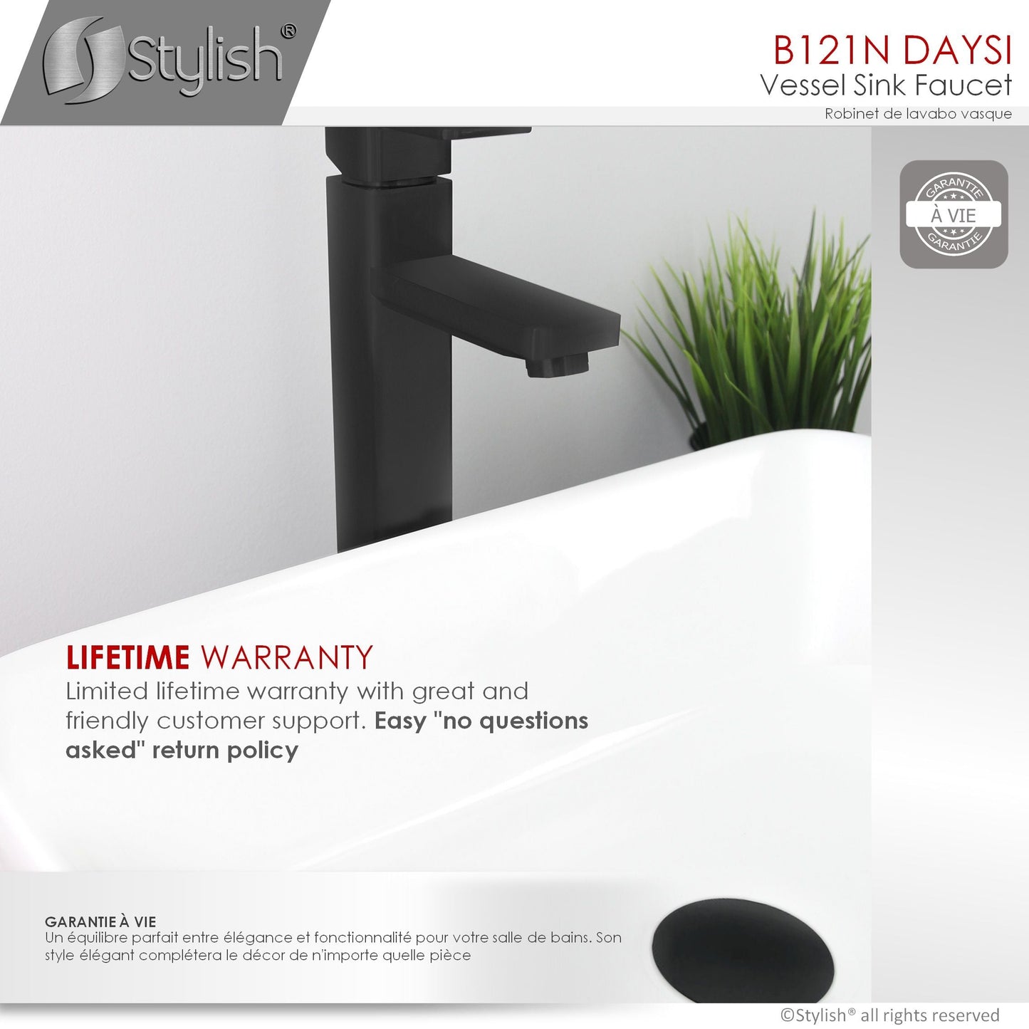 Stylish Daysi 12" Single Hole Single Handle Vessel Bathroom Faucet in Matte Black B-121N