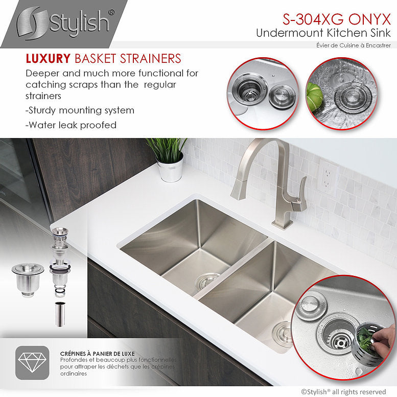 Stylish Onyx 30" x 18" Double Bowl Undermount Stainless Steel Kitchen Sink S-304XG