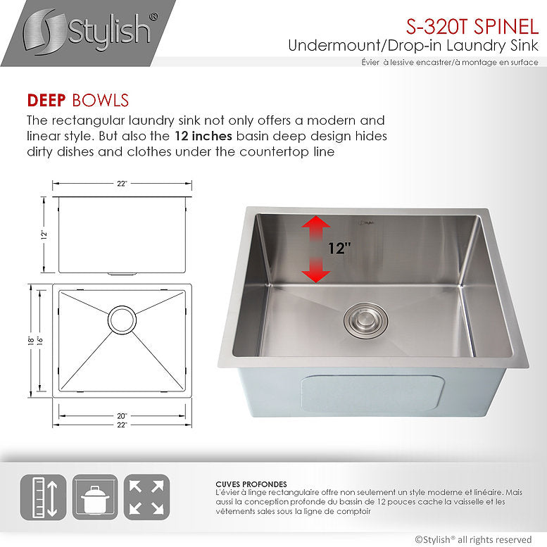 Stylish Spinel 22" x 18" Stainless Steel Single Bowl Undermount Laundry Sink S-320T