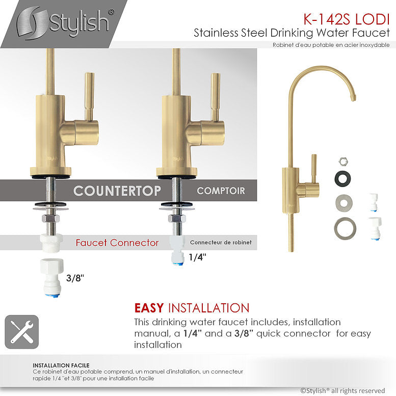 Stylish Lodi 11.25" Kitchen Drinking Water Tap Faucet, Stainless Steel Brushed Gold Finish K-142G