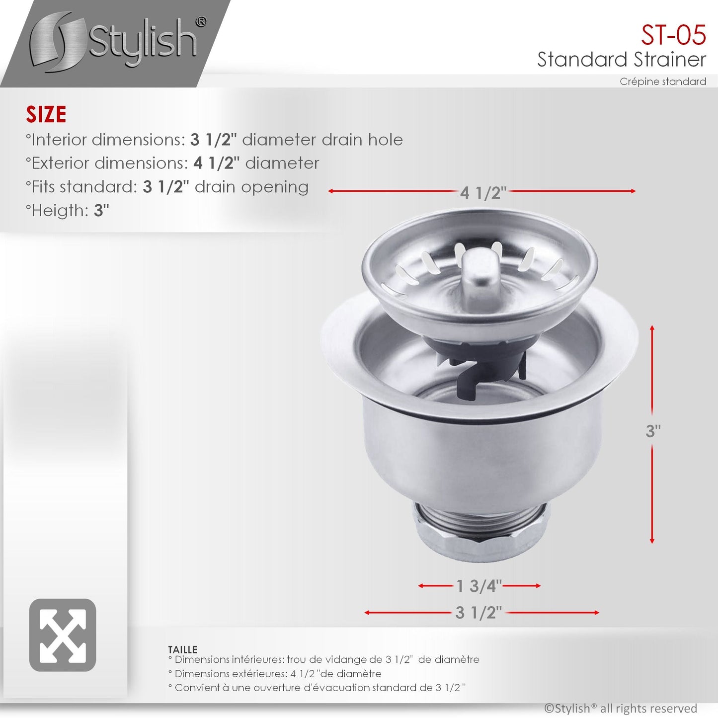 Stylish 3.5" Stainless Steel Strainer with Removable Basket, Strainer Assembly ST-05