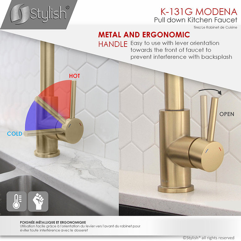 Stylish Modena 14" Kitchen Faucet Single Handle Pull Down Dual Mode Stainless Steel Gold Finish K-131G