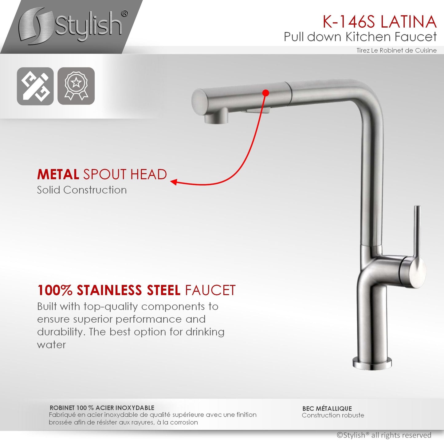 Stylish Latina 13" Kitchen Faucet Single Handle Pull Down Dual Mode Stainless Steel Brushed Finish K-146S