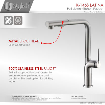 Stylish Latina 13" Kitchen Faucet Single Handle Pull Down Dual Mode Stainless Steel Brushed Finish K-146S