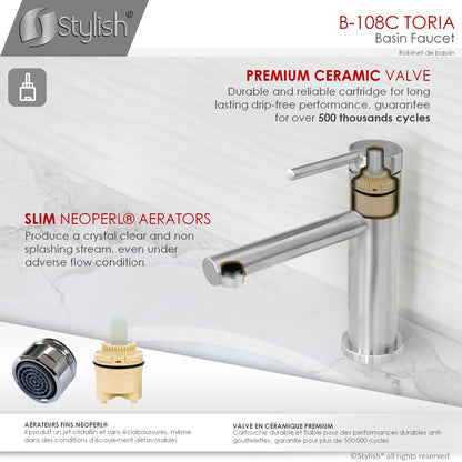 Stylish Toria 6" Single Handle Basin Bathroom Faucet in Stainless Steel Finish B-108S