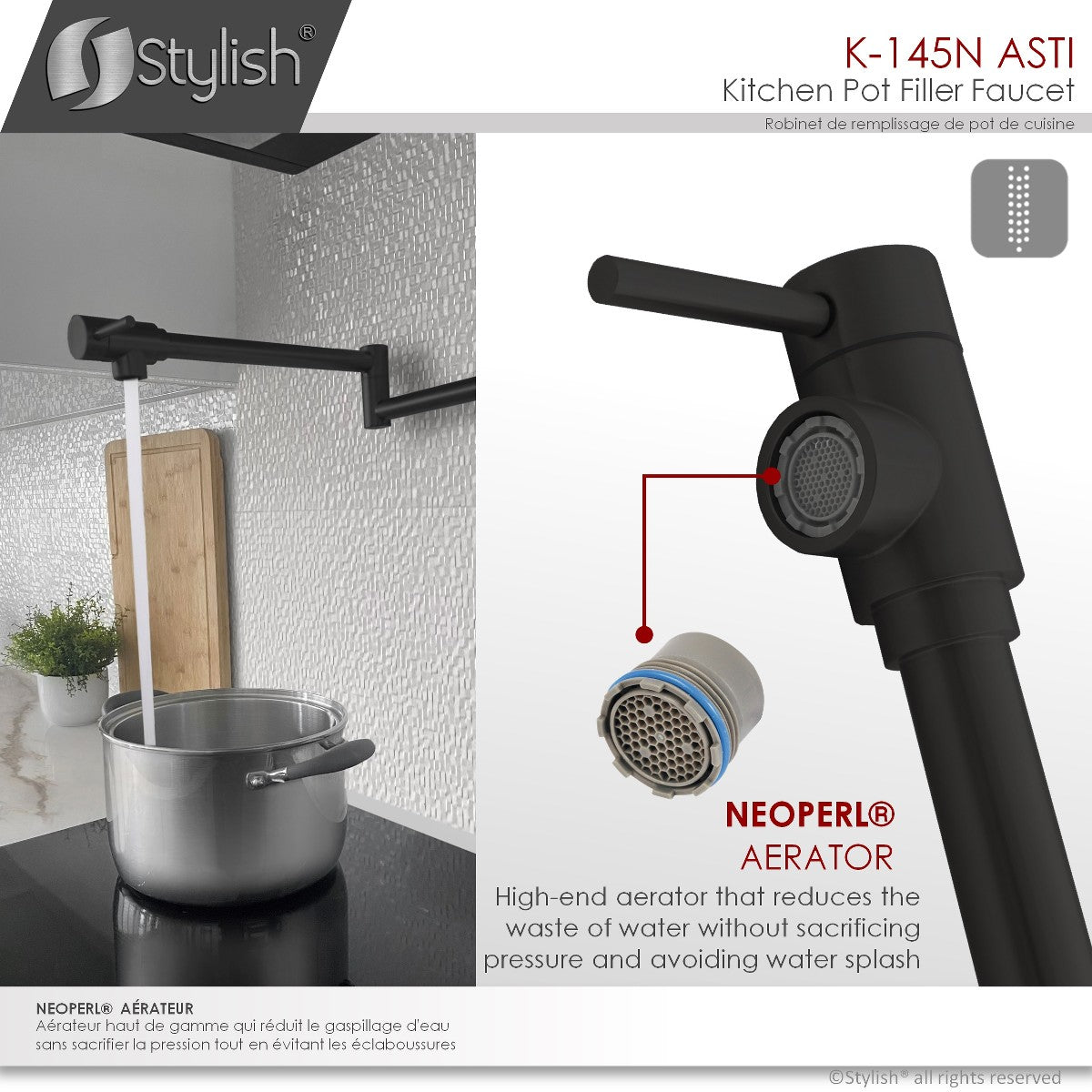 Stylish ANTI Stainless Steel Wall Mount Pot Filler Folding Stretchable with Single Hole Two Handles - Matte Black Finish K-145N