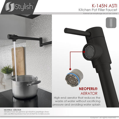 Stylish ANTI Stainless Steel Wall Mount Pot Filler Folding Stretchable with Single Hole Two Handles - Matte Black Finish K-145N