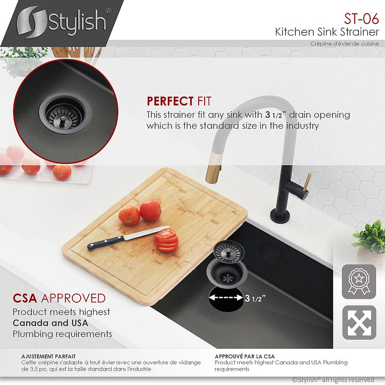 Stylish 3.5" Pearl Black Stainless Steel Kitchen Sink Strainer with Removable Basket, Strainer Assembly ST-06