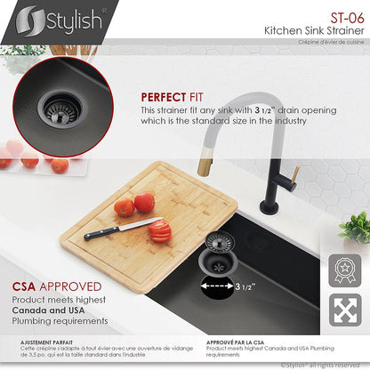 Stylish 3.5" Pearl Black Stainless Steel Kitchen Sink Strainer with Removable Basket, Strainer Assembly ST-06