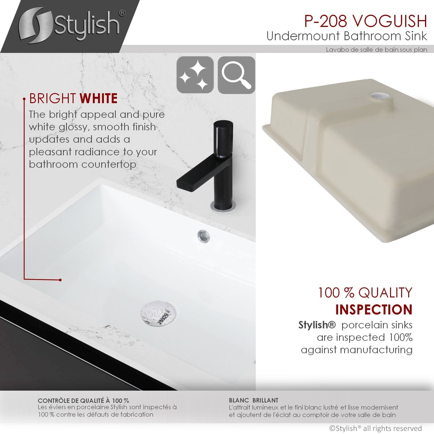 Stylish Voguish 24" x 16" Rectangular Undermount Ceramic Bathroom Sink with 2 Overflow Finishes P-208