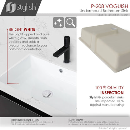 Stylish Voguish 24" x 16" Rectangular Undermount Ceramic Bathroom Sink with 2 Overflow Finishes P-208