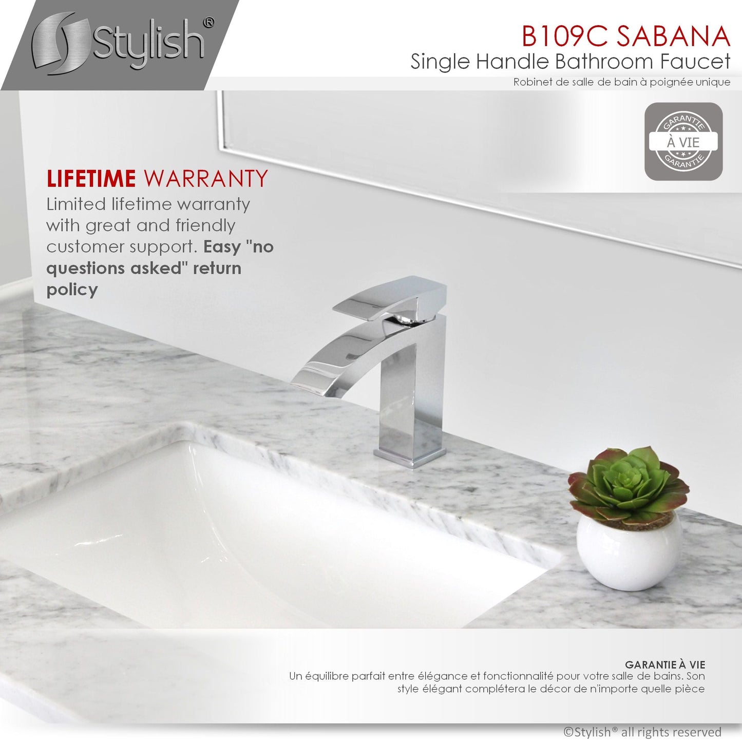Stylish Sabana Single Handle 7" Bathroom Faucet for Single Hole Brass Basin Mixer Tap, Polished Chrome Finish B-109C
