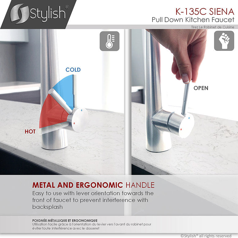 Stylish Siena Kitchen Faucet Single Handle Pull Down Dual Mode Stainless Steel Polished Chrome Finish K-135C