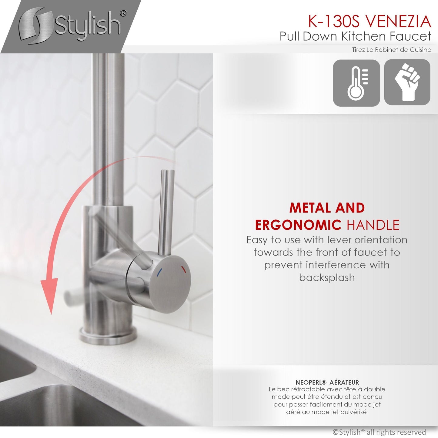 Stylish Venezia 12" Kitchen Faucet Single Handle Pull Down Dual Mode Stainless Steel, Brushed Finish K-130S