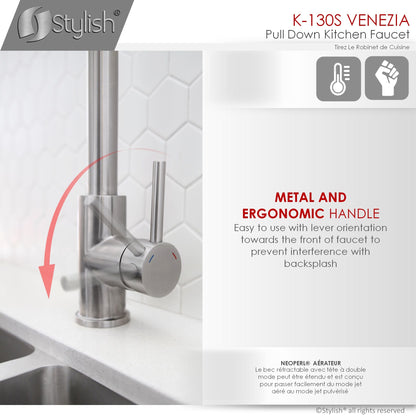 Stylish Venezia 12" Kitchen Faucet Single Handle Pull Down Dual Mode Stainless Steel, Brushed Finish K-130S
