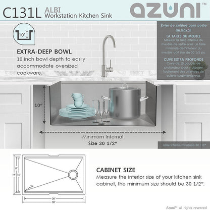 Stylish Azuni Albi 30" x 19" Reversible Undermount Workstation Single Bowl Kitchen Sink C131L