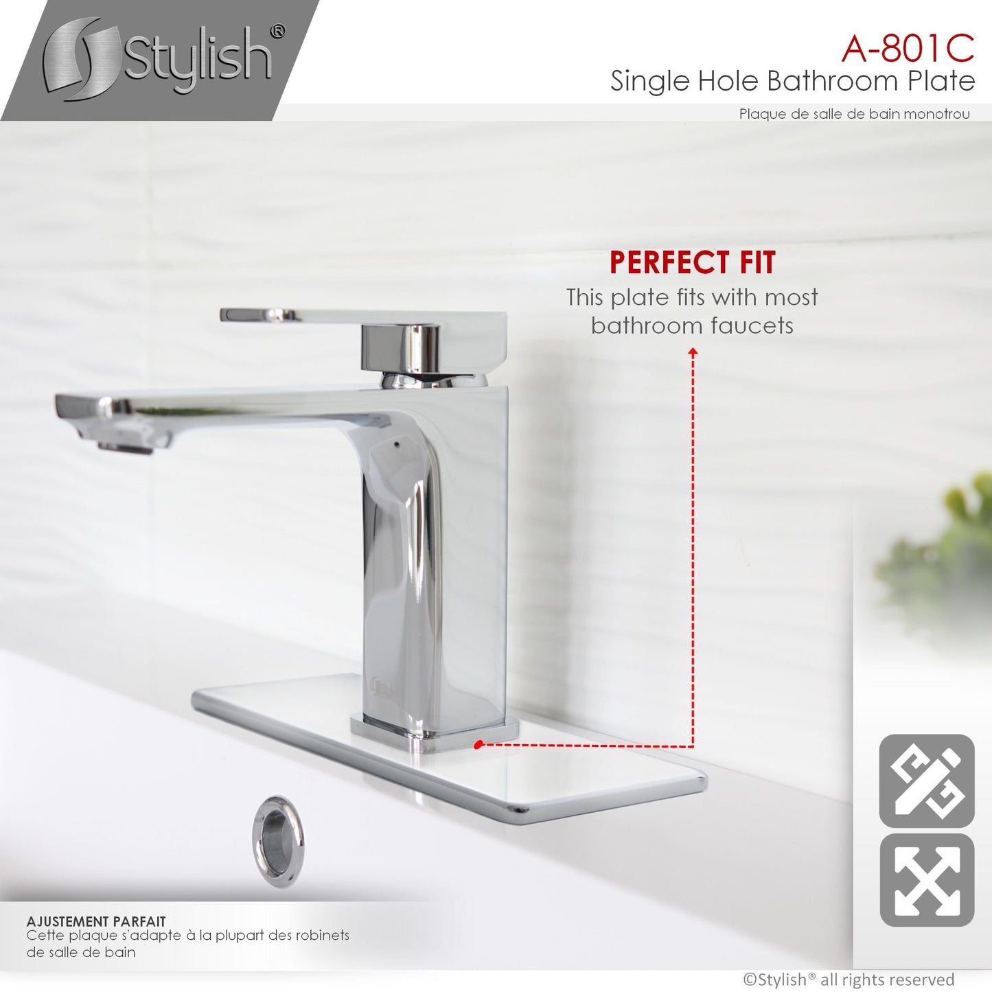 Stylish Single Hole Bathroom Faucet Plate in Polished Chrome Finish A-801C
