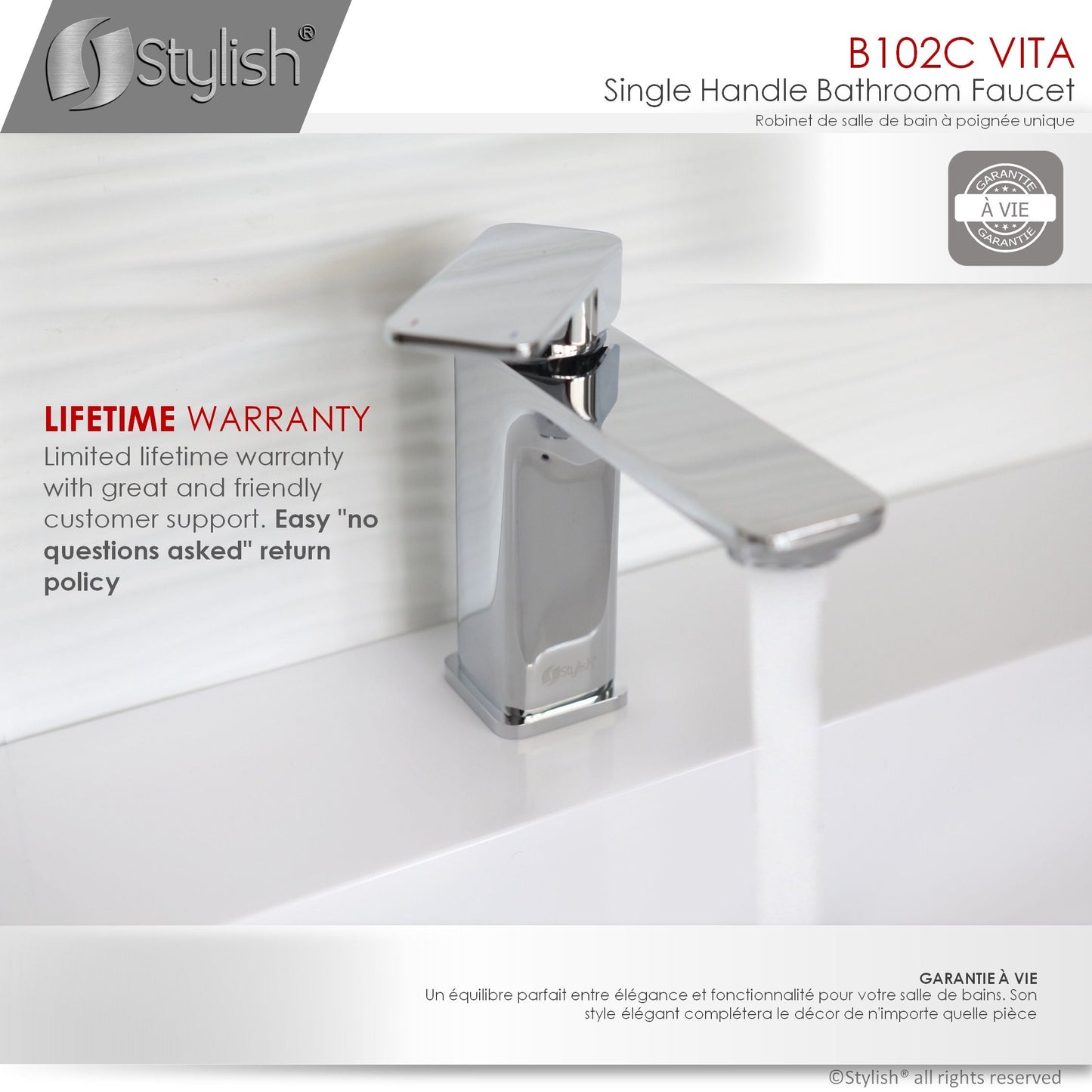 Stylish Vita Single Handle 6" Bathroom Faucet for Single Hole Brass Basin Mixer Tap, Polished Chrome Finish B-102C