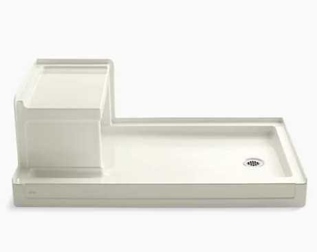 Kohler Tresham 60" x 36" single threshold right-hand drain shower base with integral left-hand seat - Biscuit