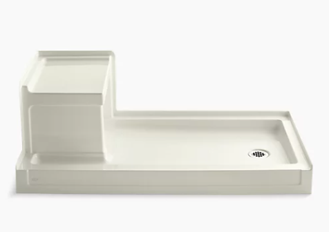 Kohler Tresham 60" x 32" single threshold right-hand drain shower base with integral left-hand seat - Biscuit