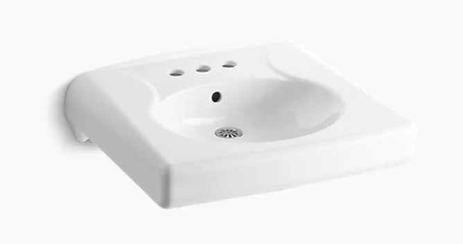 Kohler Brenham Wall-mounted or concealed carrier arm mounted commercial bathroom sink with 4" centerset faucet holes - White