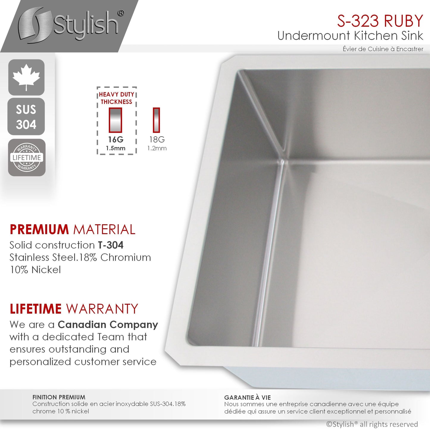 Stylish Ruby 32" x 18" Single Bowl Kitchen Sink, 16 Gauge Stainless Steel with Grid and Basket Strainer, S-323XG