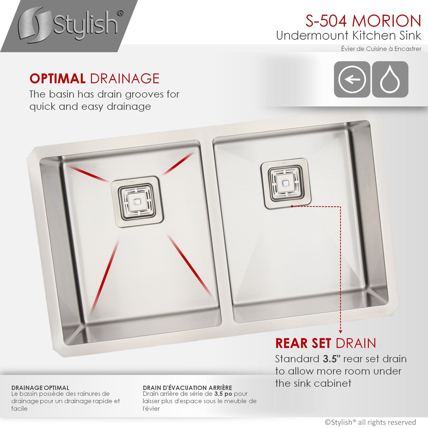 Stylish Morion 30" x 18" Double Bowl Stainless Steel Kitchen Sink with Square Strainers S-504XG