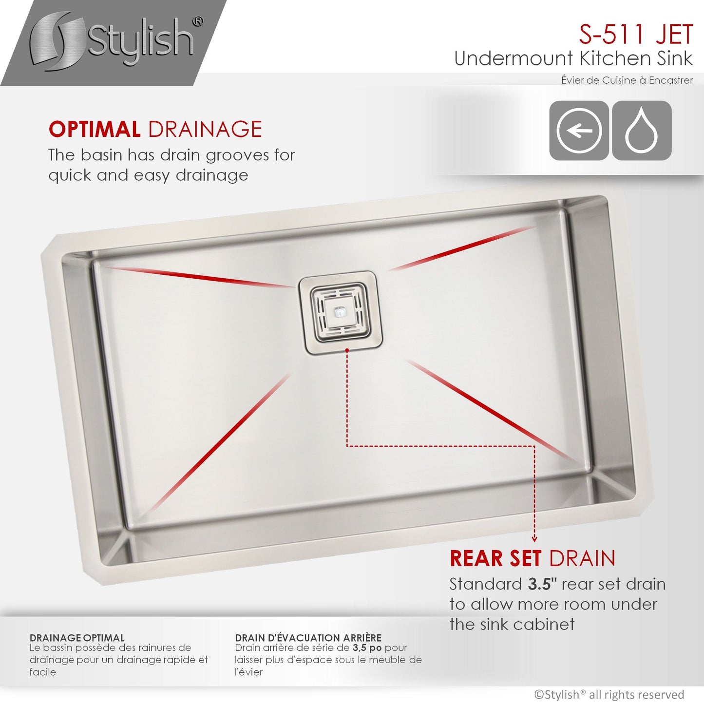 Stylish Jet 30" x 18" Single Bowl Stainless Steel Kitchen Sink with Square Strainer S-511XG