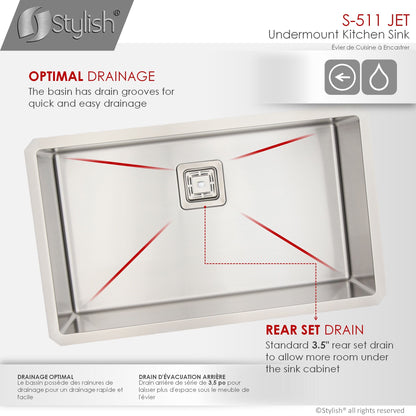 Stylish Jet 30" x 18" Single Bowl Stainless Steel Kitchen Sink with Square Strainer S-511XG