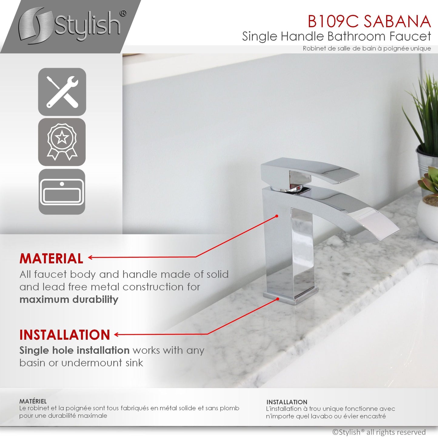 Stylish Sabana Single Handle 7" Bathroom Faucet for Single Hole Brass Basin Mixer Tap, Polished Chrome Finish B-109C