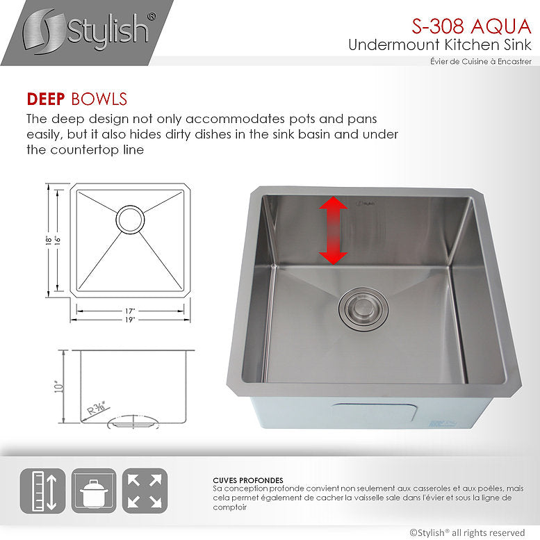 Stylish Aqua 19" x 18" Single Bowl Undermount Stainless Steel Kitchen Sink Laundry S-308XG