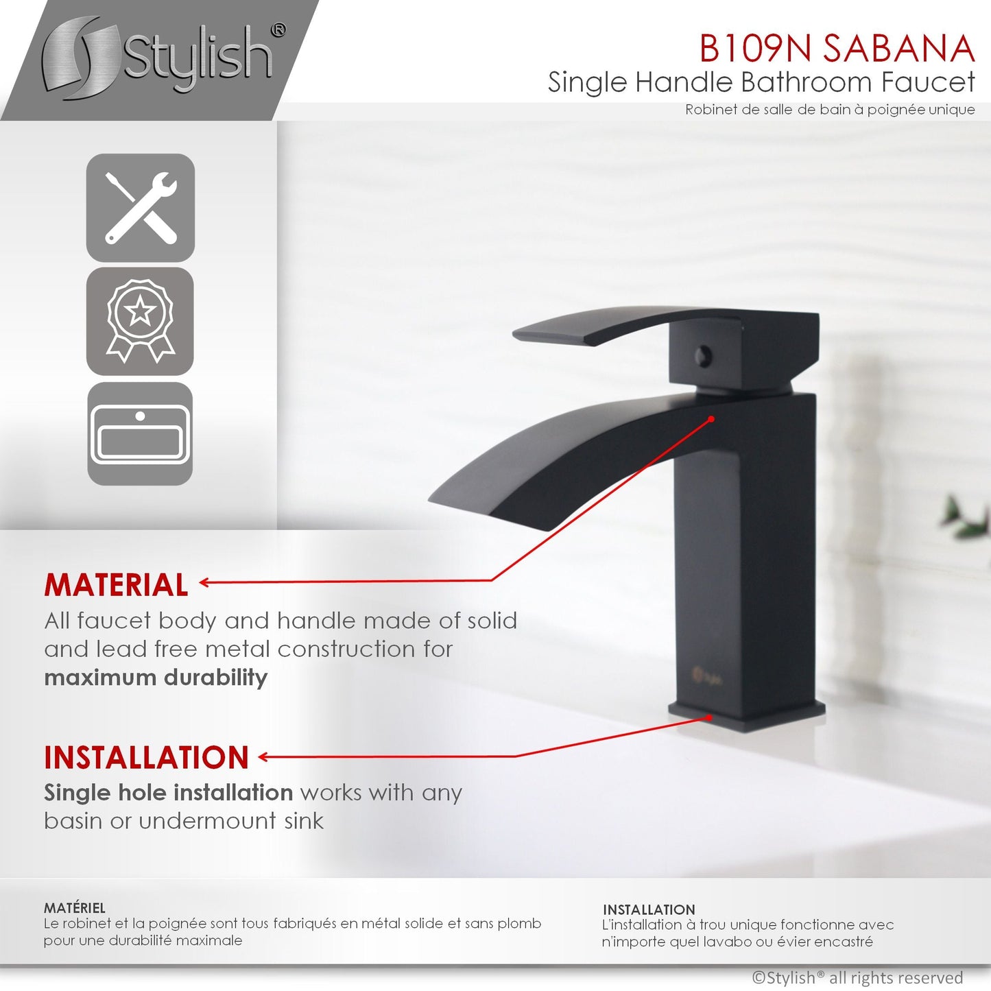 Stylish Sabana Single Handle 7" Bathroom Faucet for Single Hole Brass Basin Mixer Tap, Matte Black Finish B-109N