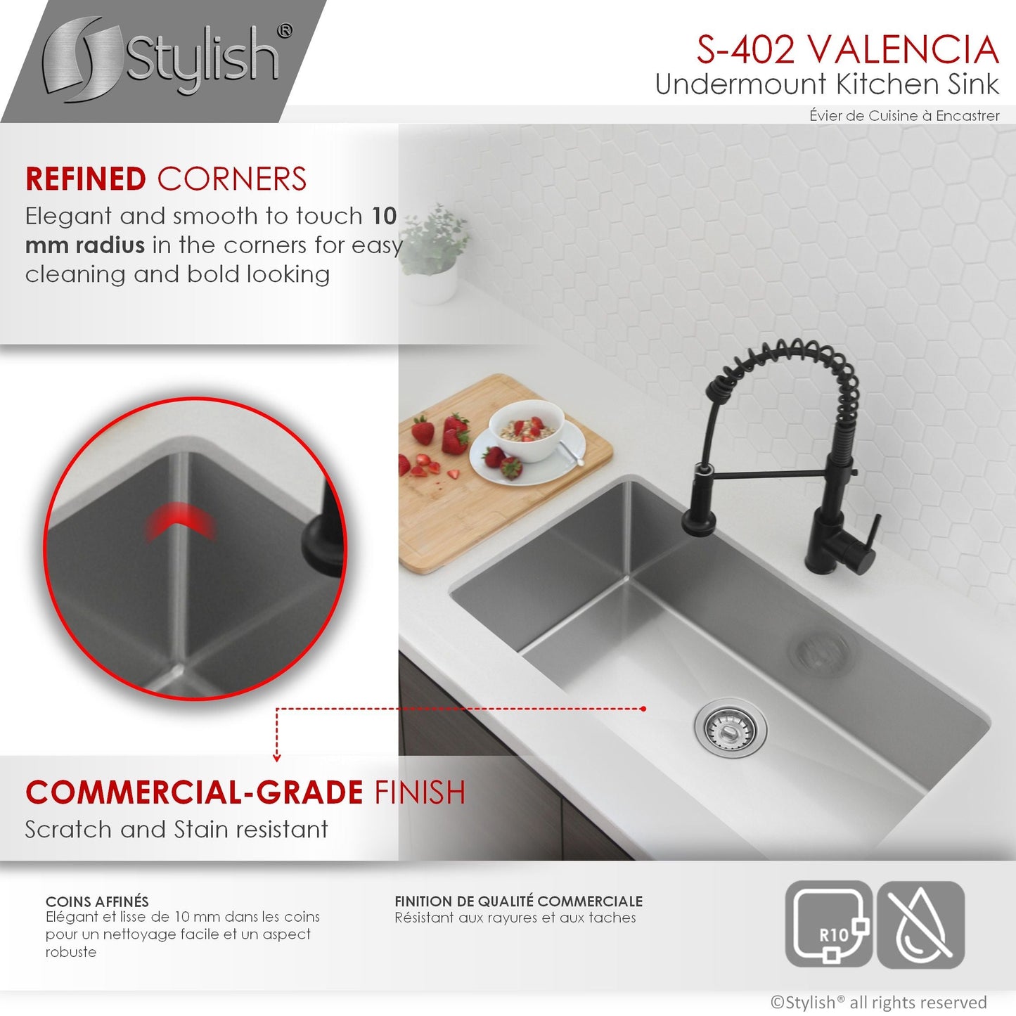 STYLISH Valencia 31.13" x 18" Single Bowl Undermount Stainless Steel Kitchen Sink S-402G