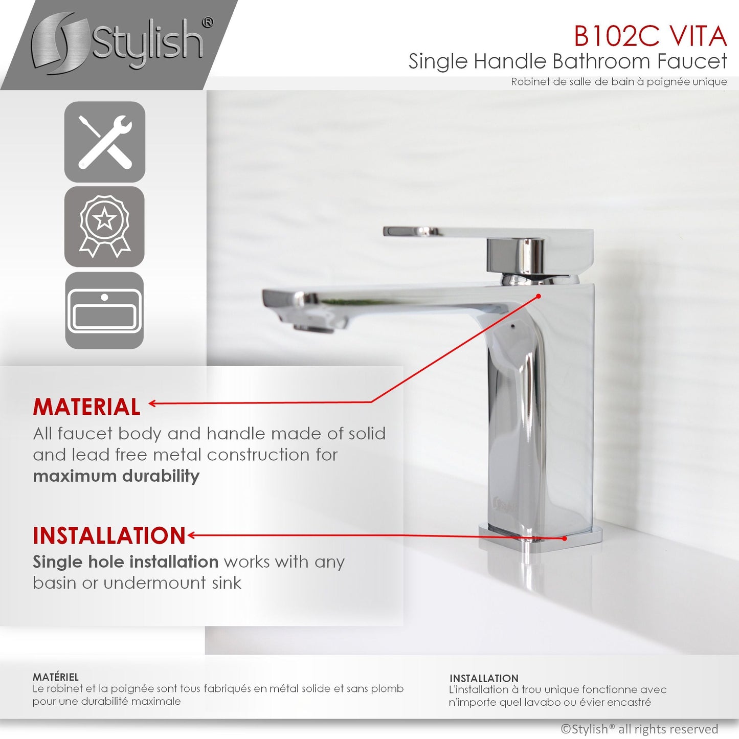 Stylish Vita Single Handle 6" Bathroom Faucet for Single Hole Brass Basin Mixer Tap, Polished Chrome Finish B-102C