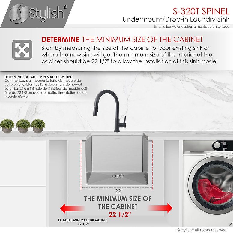 Stylish Spinel 22" x 18" Stainless Steel Single Bowl Undermount Laundry Sink S-320T