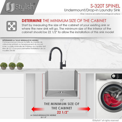 Stylish Spinel 22" x 18" Stainless Steel Single Bowl Undermount Laundry Sink S-320T