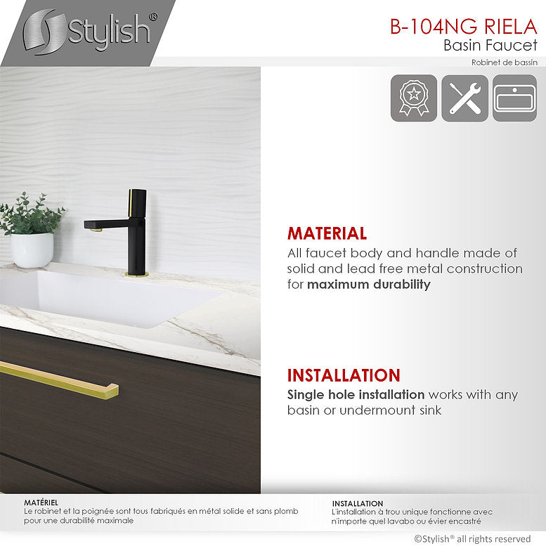 Stylish Single Handle Modern Bathroom Basin Sink Faucet in Matte Black with Gold accents Finish B-104NG