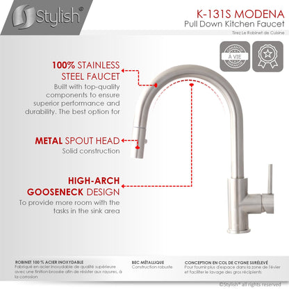 Stylish Modena 14" Kitchen Faucet Single Handle Pull Down Dual Mode Stainless Steel Brushed Finish K-131S