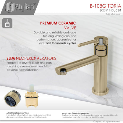 Stylish Toria 6" Single Handle Basin Bathroom Faucet in Brushed Gold Finish B-108G