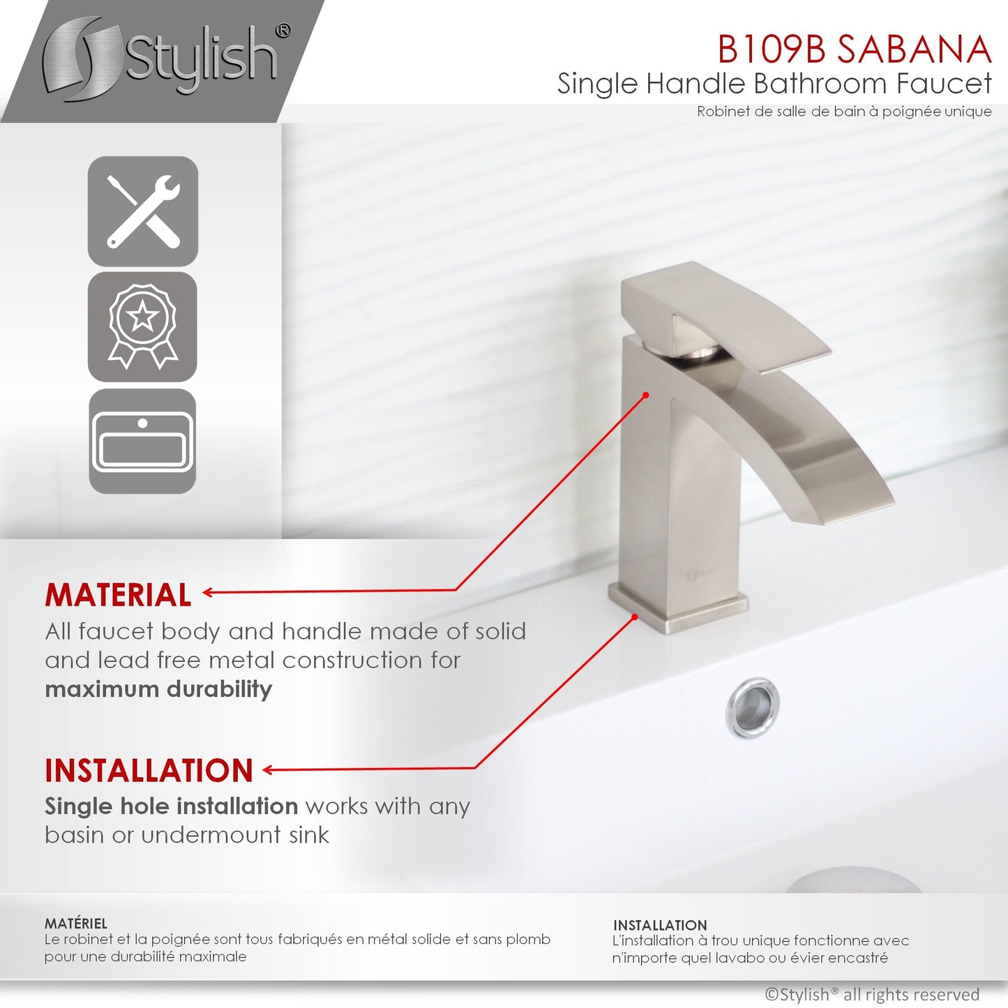 Stylish Sabana 7" Single Handle Bathroom Faucet for Single Hole Brass Basin Mixer Tap, Brushed Nickel Finish B-109B